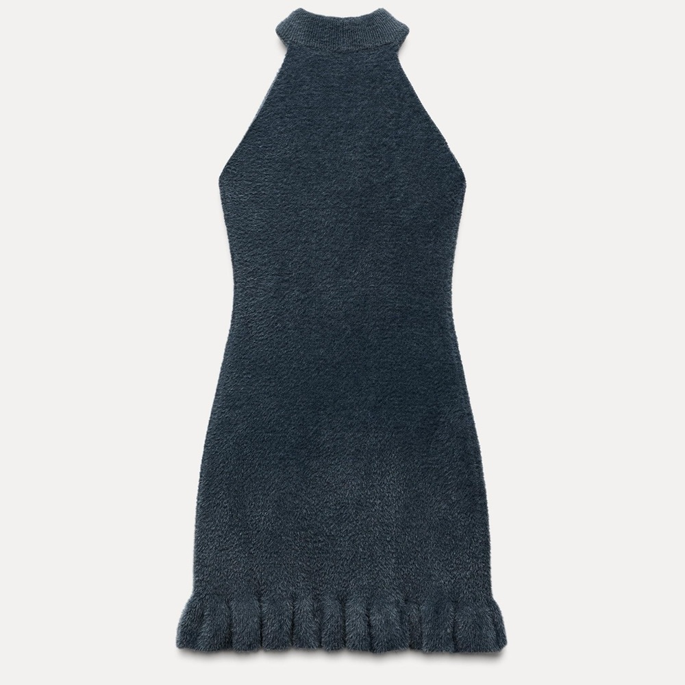 Faux Fur Flower Sequins Beaded Halter Dress - Picture 2 of 4